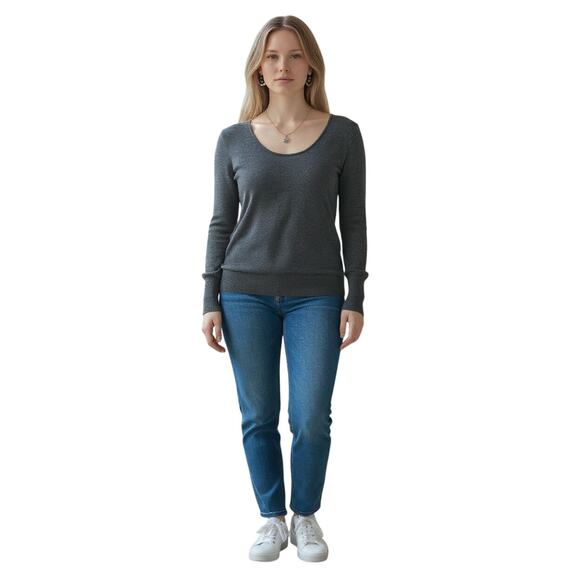 LOFT Charcoal Scoop Neck Sweater Statement Sleeves Back Keyhole Size M - Picture 7 of 7